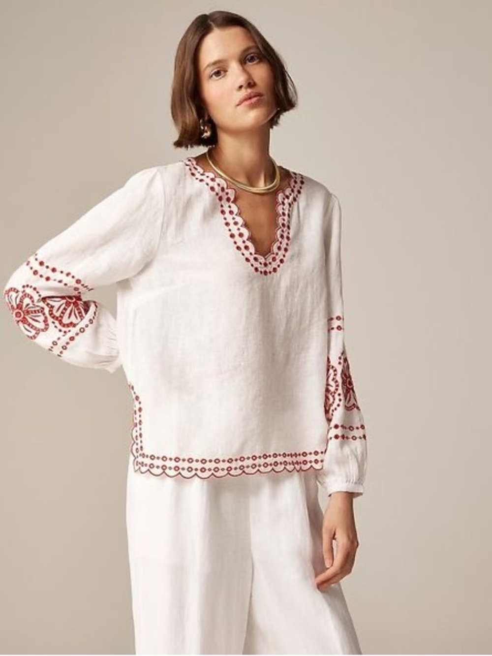 J. Crew White Linen Tunic with Red Floral Embroidery embroidered